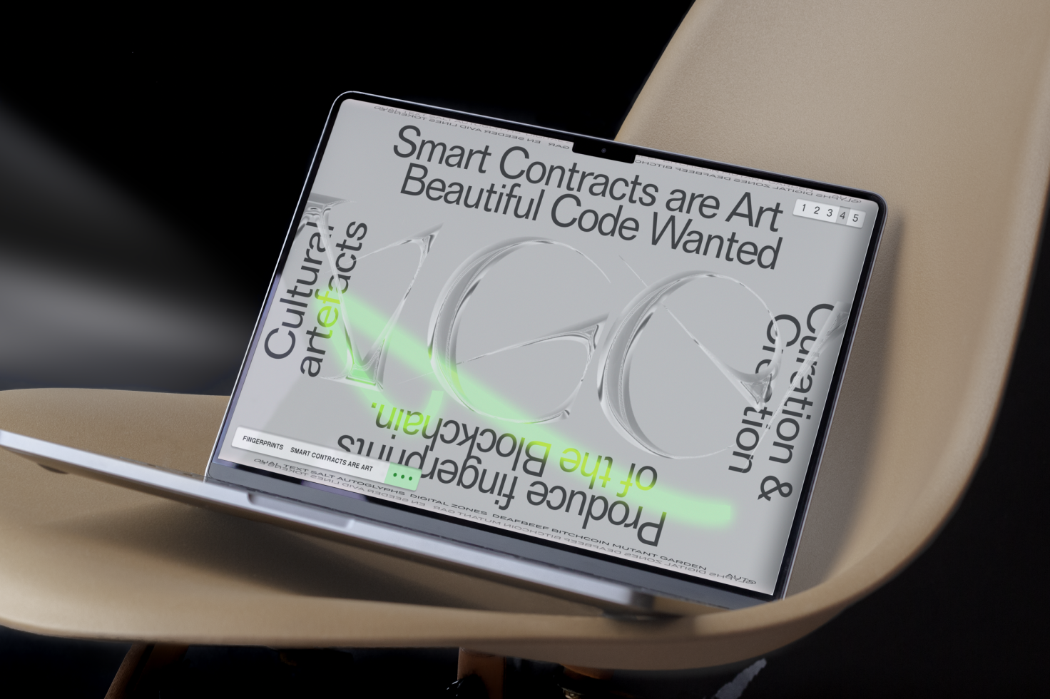 Digital tablet mockup on chair showcasing futuristic design and typography, suitable for presentations in tech and creative sectors.